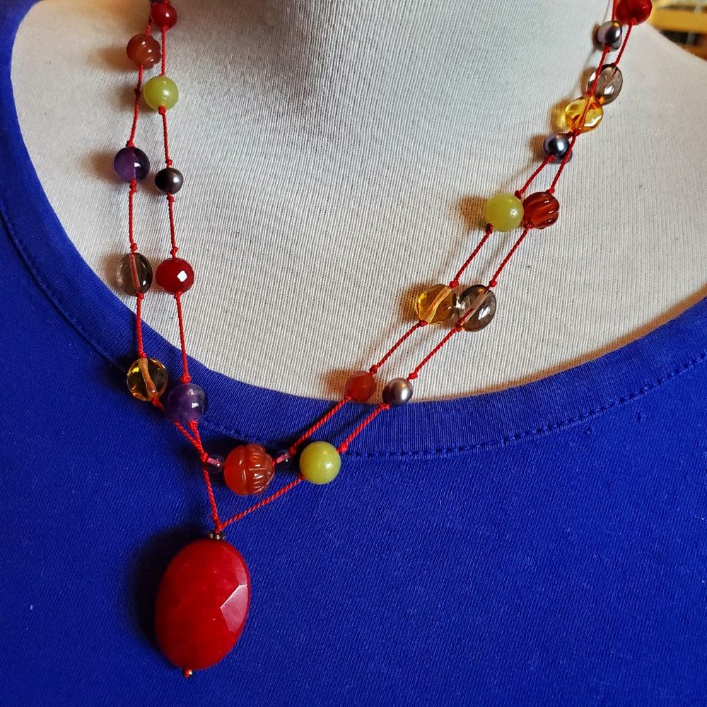 18" Red Thread Glass and Pearl Strand Necklace
